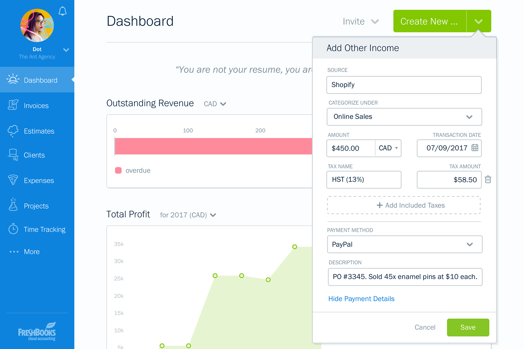 FreshBooks: adding other income