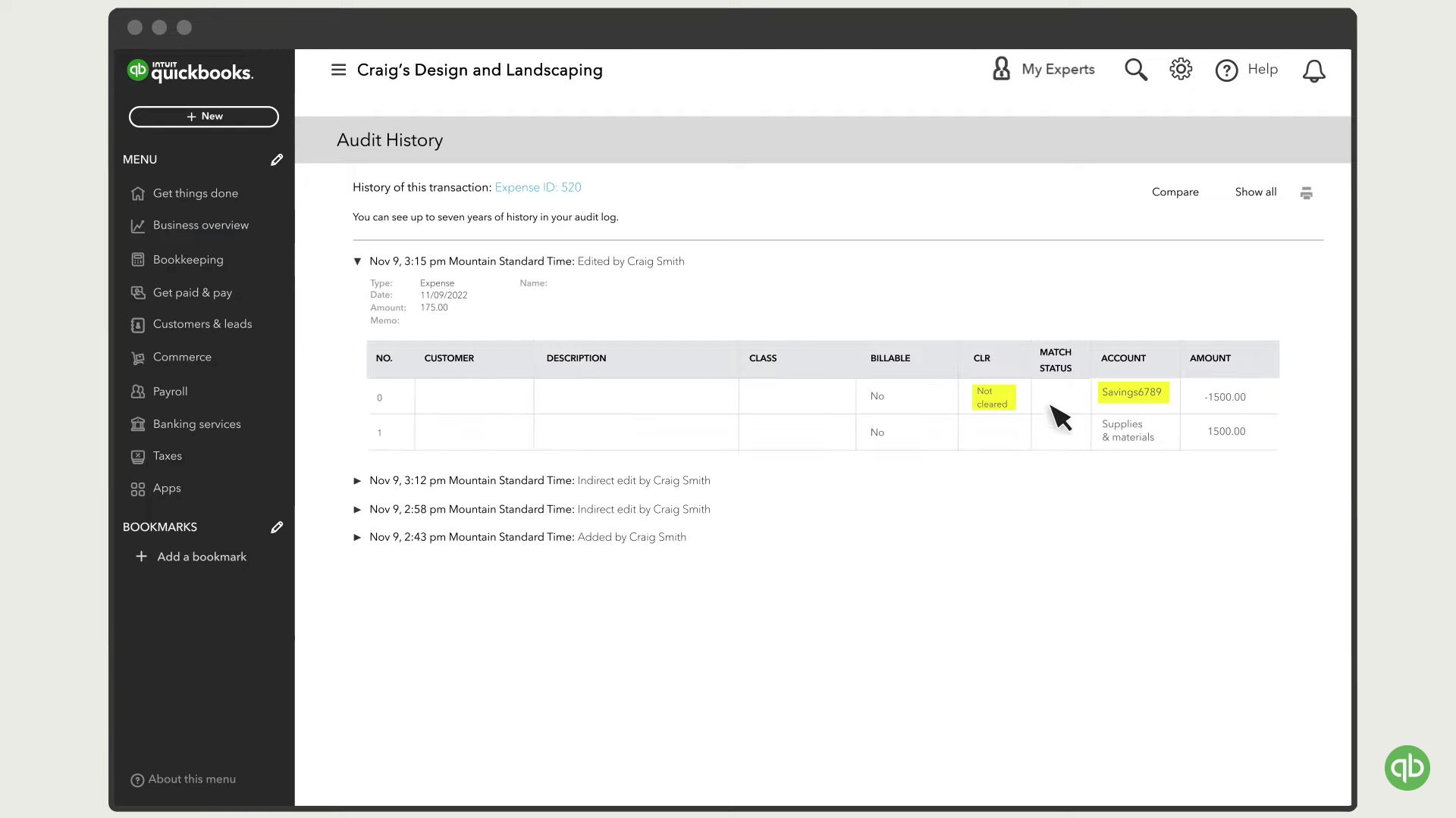 QuickBooks Online: Audit History