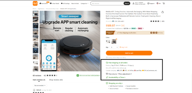 A product page on the Temu website with the delivery window highlighted