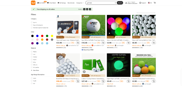 Golf balls on the Temu website